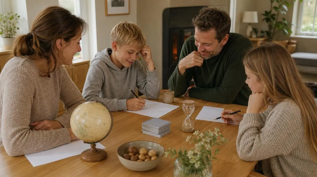Familj som gör ett allmänbildningsquiz tillsammans