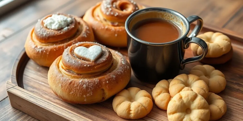 Nygräddat fika, kaffe, bullar, kakor på bricka.