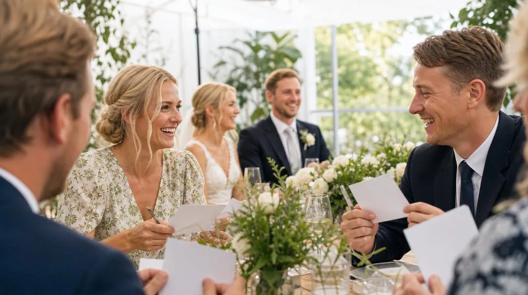 Bröllopsgäster som deltar i en lek under en bröllopsfest
