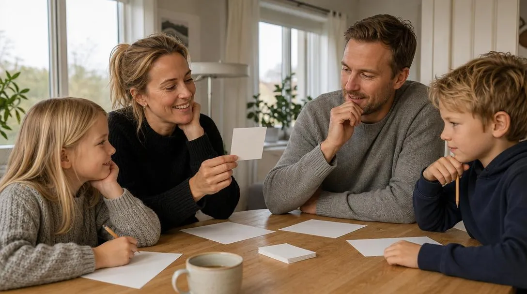 Familj som gör ett enkelt quiz tillsammans vid ett bord