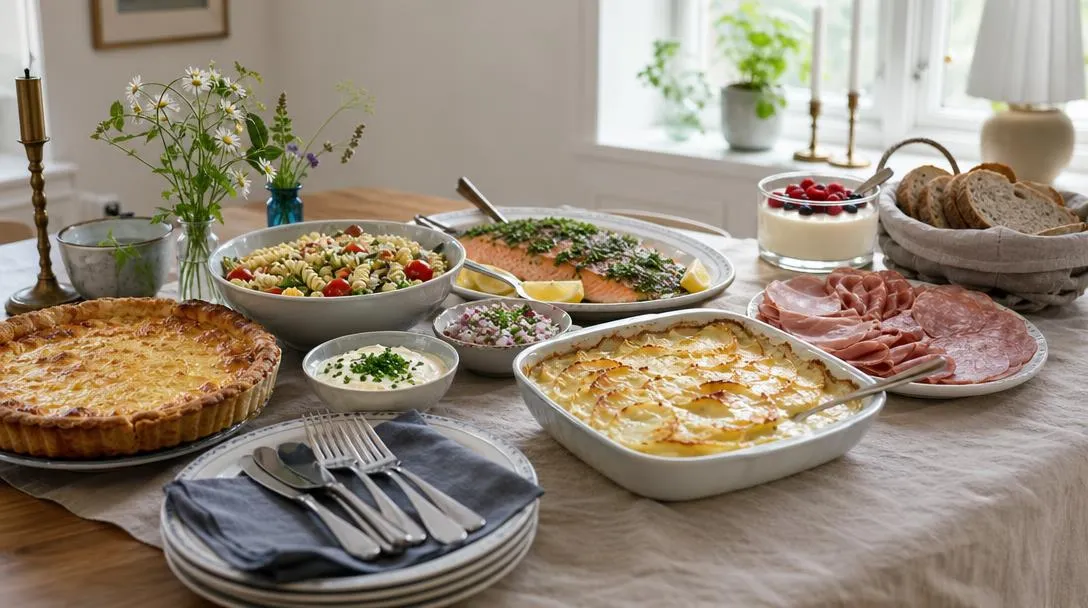 Festlig buffé med paj, sallad, bröd och uppläggningsfat förberedda för gäster