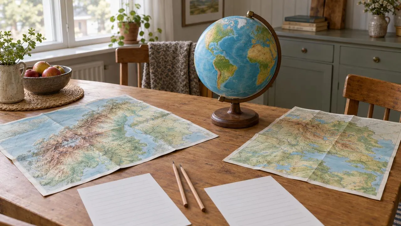 Jordglob och kartor på ett bord inför ett geografiquiz