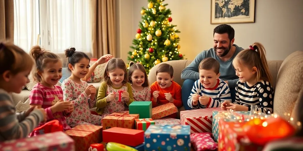 Glada barn öppnar julklappar med föräldrar