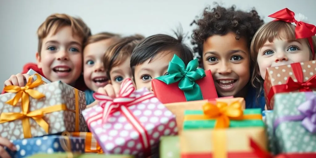 Glada barn öppnar färgglada julklappar