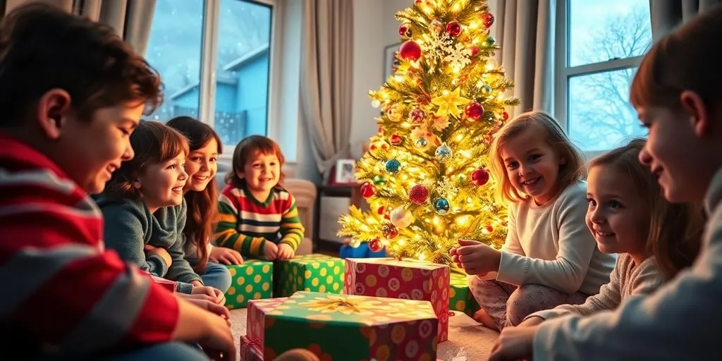 Glada barn öppnar julklappar med snö utanför.