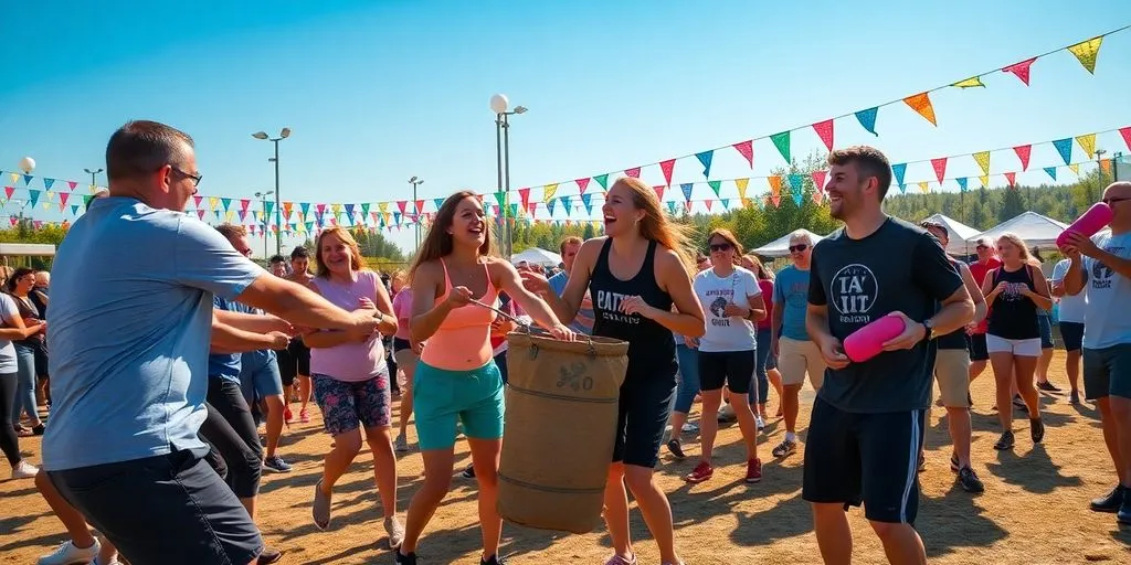 Glada vänner deltar i femkampsaktiviteter utomhusfestival.