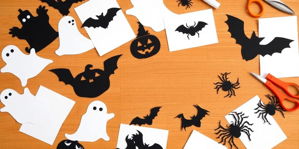 Halloweensilhuetter, spöken, pumpor, fladdermöss, spindlar, pysseltips.