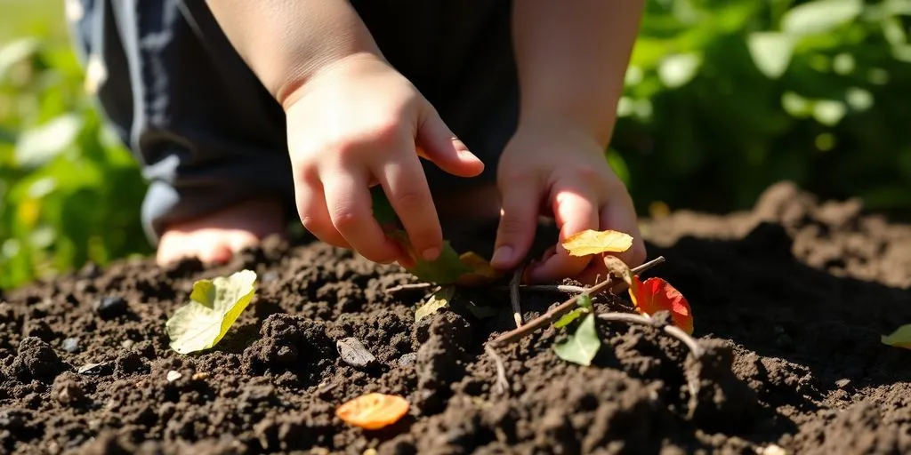 Barn leker med naturmaterial utomhus