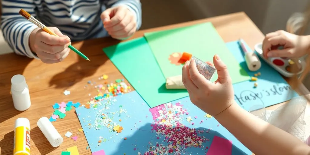 Barn skapar färgglada pyssel med glitter och lim.