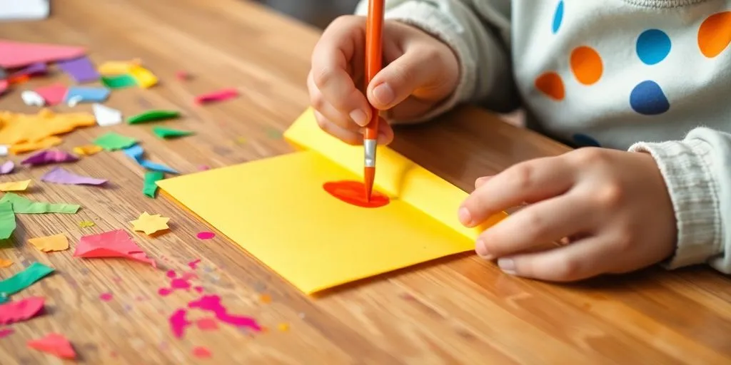 Barn pysslar med färgglatt papper och färg