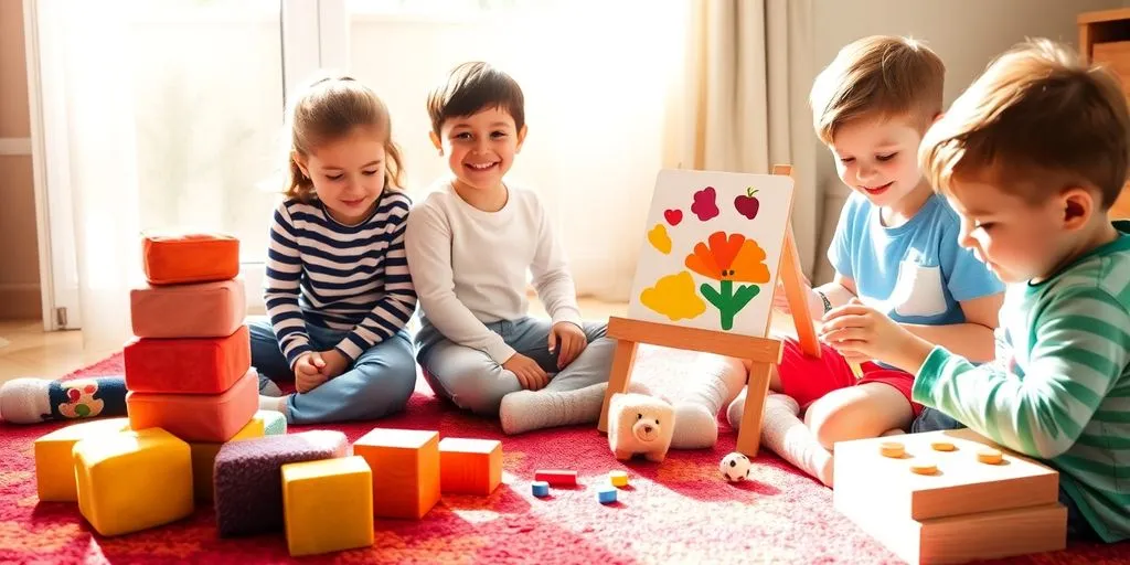 Glada barn som leker med pedagogiska leksaker på golvet.