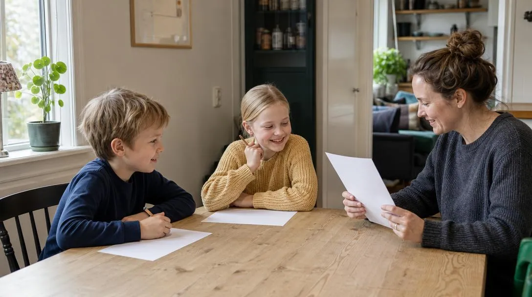 Barn som gör ett quiz tillsammans vid ett bord