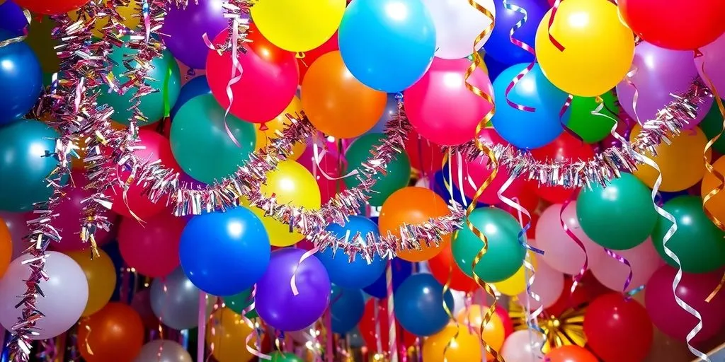 Glittrande ballonger, färgglada girlanger, festliga dekorationer.