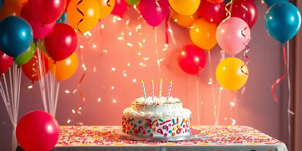 Festdekorationer, girlanger, ballonger, konfetti, tårtor, glädje