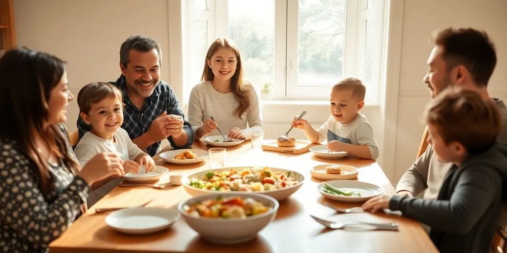 Familj äter billig, god mat vid köksbord.