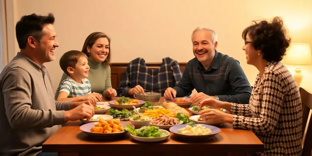 Familj som äter middag tillsammans, glada ansikten.