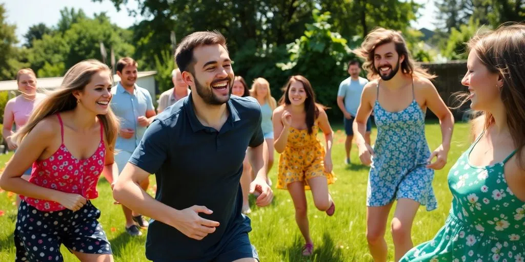 Midsommarfest, roliga lekar, skrattande vänner, soligt.