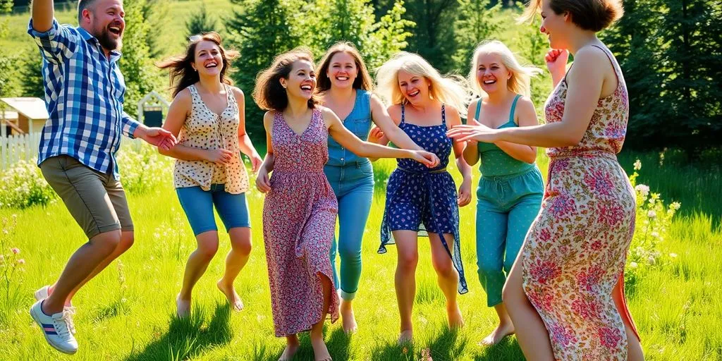 Glada vuxna spelar midsommarlekar utomhus.