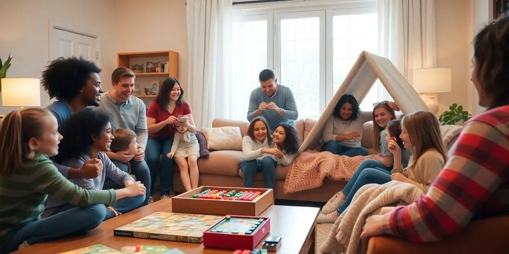 Glada familjer leker inomhus med spel.